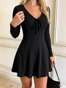 SHEINBlues Women's Dress Drawstring Tie V-Neck Waist-Flattering A-Line Elastic Knit Elegant - Black - View 4