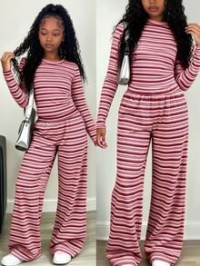 Tween Girls Stripe Long Sleeve Top & Wide Leg Pants Set, Pink & Burgundy (2 Pcs) Fall Winter - Multicolor - View 1