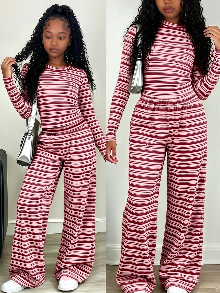 Tween Girls Stripe Long Sleeve Top & Wide Leg Pants Set, Pink & Burgundy (2 Pcs) Fall Winter - Multicolor - View 1