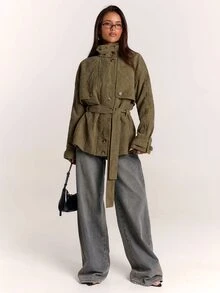 SHEIN BAE Women's Stand Collar Belted Solid Color Jacket, Urban Renaissance Street Style, Casual Fashion Creative Personalized Streetwear - Green - View 4