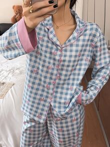 SHEIN Women's Spring/Autumn Loose Sweet Pink & Blue Colorblock Plaid Bow Element Long Sleeve Pajama Set Loungewear - Blue - View 5
