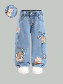 SHEIN Elladie kids Girls' Versatile Fashion Casual Blue Straight Leg Denim Jeans Autumn Winter - Blue - View 1