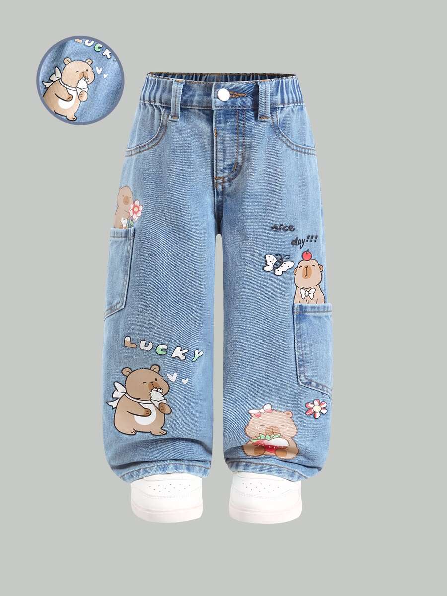 SHEIN Elladie kids Girls' Versatile Fashion Casual Blue Straight Leg Denim Jeans Autumn Winter - Blue - View 1