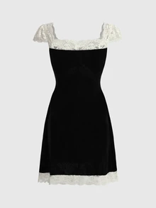 Sweetness Autumn/Winter Sweet Girl Black Velvet Lace Trim Mini Dress For Women - Black - View 2