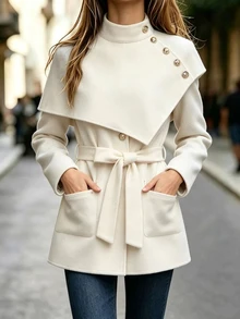 LUMIGAL Women's Autumn/Winter Button Cape Design Elegant Overcoat - Apricot - View 9