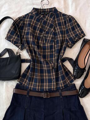 Attitoon Women's Stand Collar Button Decor Short Sleeve Plaid Waist Tie Fashion Shirt