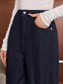 Anewsta Women's Casual Versatile Deep Blue Straight Leg Denim Jeans With Pockets - Blue - View 4
