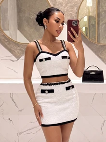 Slaydiva Black White Contrast Tweed Heart Shape Rhinestone Strap Crop Top & Mini Skirt 2 Pieces Set Elegant Luxury Going Out Matching Outfit For Women -A - Black and White - View 7