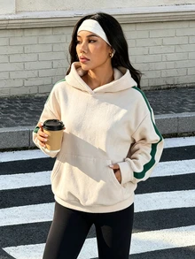 Muchica Sweatshirt Olahraga Wanita Motif Garis-Garis Blok Warna, Berkerudung, dengan Kantong, Potongan Longgar, Sweatshirt Gym, Atasan Olahraga, Pakaian Aktif, Fashion Kasual Nyaman untuk Musim Gugur dan Musim Dingin - Aprikot - View 1