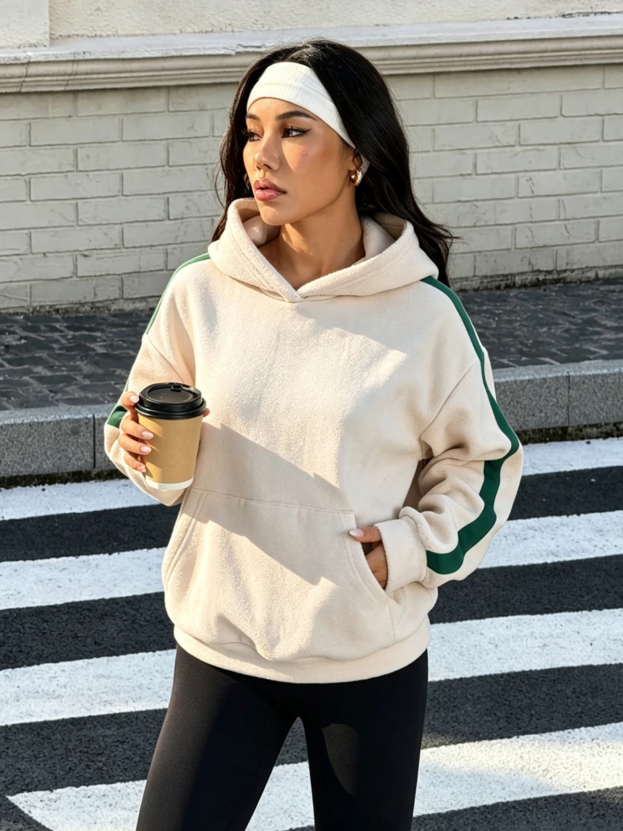 Muchica Sweatshirt Olahraga Wanita Motif Garis-Garis Blok Warna, Berkerudung, dengan Kantong, Potongan Longgar, Sweatshirt Gym, Atasan Olahraga, Pakaian Aktif, Fashion Kasual Nyaman untuk Musim Gugur dan Musim Dingin - Aprikot - View 1