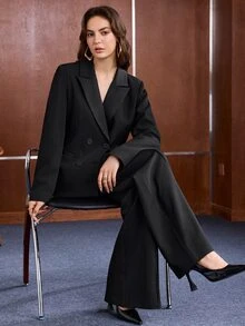 Anewsta Autumn/Winter Premium Luxury Satin Double-Breasted Blazer With Lapel Long Sleeve Jacket And Wide Leg Pants Elegant Suit 2 Pieces Set - Black - View 6