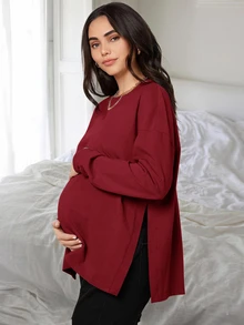 SHEIN 孕婦純色圓領落肩長袖側開衩下擺休閒T恤 - 酒紅色 - 查看 1
