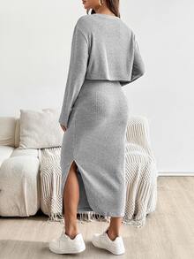 SHEIN 孕婦純色圓領短袖上衣與裙子兩件套 - 淺灰色 - 查看 2