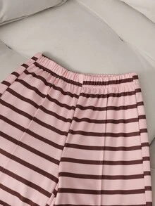 SHEIN 青少年女孩抓絨內裡條紋連帽衛衣與運動長褲2件套：保暖冬季休閒連帽運動服 - 粉色 - 查看 5
