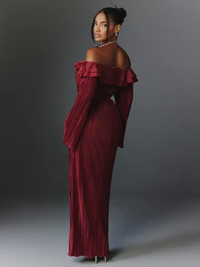 NYA SZN Dress Maxi Satin Pleated Cold Shoulder Long Sleeve Special Occasion Holiday Festival Brunch Date Night Elegant Luxury Casual Event Everyday Fall Winter - Red - View 2