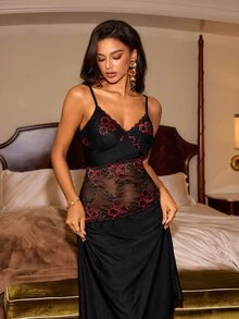 Slumberist Women's Sexy Sheer Lace Floral Patchwork Cami Nightgown - Black - View 5