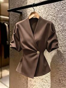 GlowEve Spring/Summer Women's New V-Neck Cross Metal Buckle Cinched Waist Asymmetrical Hem Design Niche Elegant Commuter French Style Blouse - Coffee Brown - View 1