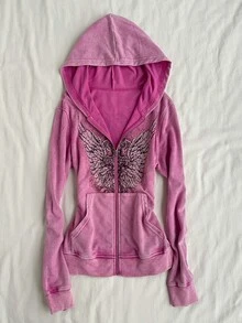 Attitoon Casual Street Style Deep Purple Red Snowflake & Wing Graphic Women's Long Sleeve Sweatshirt, Suitable For Autumn/Winter, Y2K - Red Violet - View 6