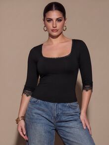 SHEIN BAE CURVE Plus Size Women's Sexy Square Neck Lace Fitted Long Sleeve Top With Lace Trim, Bow Detail On Chest , Cropped Cut Black Casual,Thanksgiving,Basics Top - Black - View 3