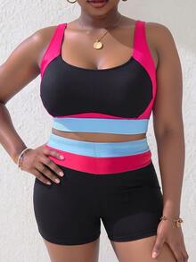 SHEIN Core Rhythm 2026 Summer New Women's Plus Size Sporty Colorblock Tank Top & Adjustable Double Strap Bikini Bottom 2 Pieces Swimsuit - Multicolor - View 1