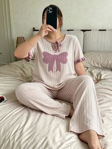 Napfluff CURVE Napfluff CURVE Plus Size Women's Casual Knit Jacquard Embroidered Tie-Front Loungewear Pajama Set - Apricot - View 4