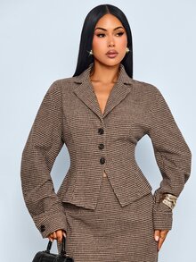 SOLERSUN Women's Elegant Turndown Collar Long Sleeve Button Waisted Retro Plaid Blazer,Back To School Old Money Style,Modest 90s In Fall/Winter,Commuter Jacket - Brown - View 3