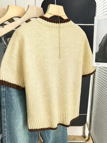 Franclia 新款春夏韓系簡約休閒寬鬆條紋拼色針織上衣女款 - 淡黃色 - 查看 2