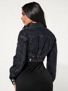 SHEIN SXY 女款時尚短版鈕扣設計牛仔夾克 - 深灰色 - 查看 4