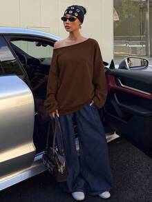 Veykashi 女款休閒棕色露肩寬鬆長袖衛衣，反季服飾 - 棕色 - 查看 5