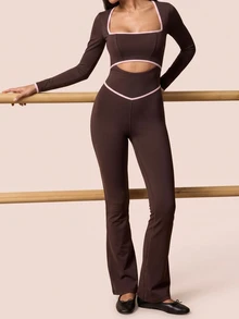 SHEIN BAE Women's Square Neck Trim Waist Cutout Long Sleeve Sports Jumpsuit - Coffee Brown - View 1