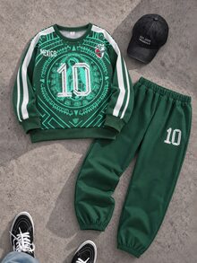 SHEIN Coolqubz 男童秋冬足球風運動休閒套裝，MEXICO 10號印花圓領上衣 + 慢跑長褲，2件式運動休閒穿搭 - 綠色 - 查看 1