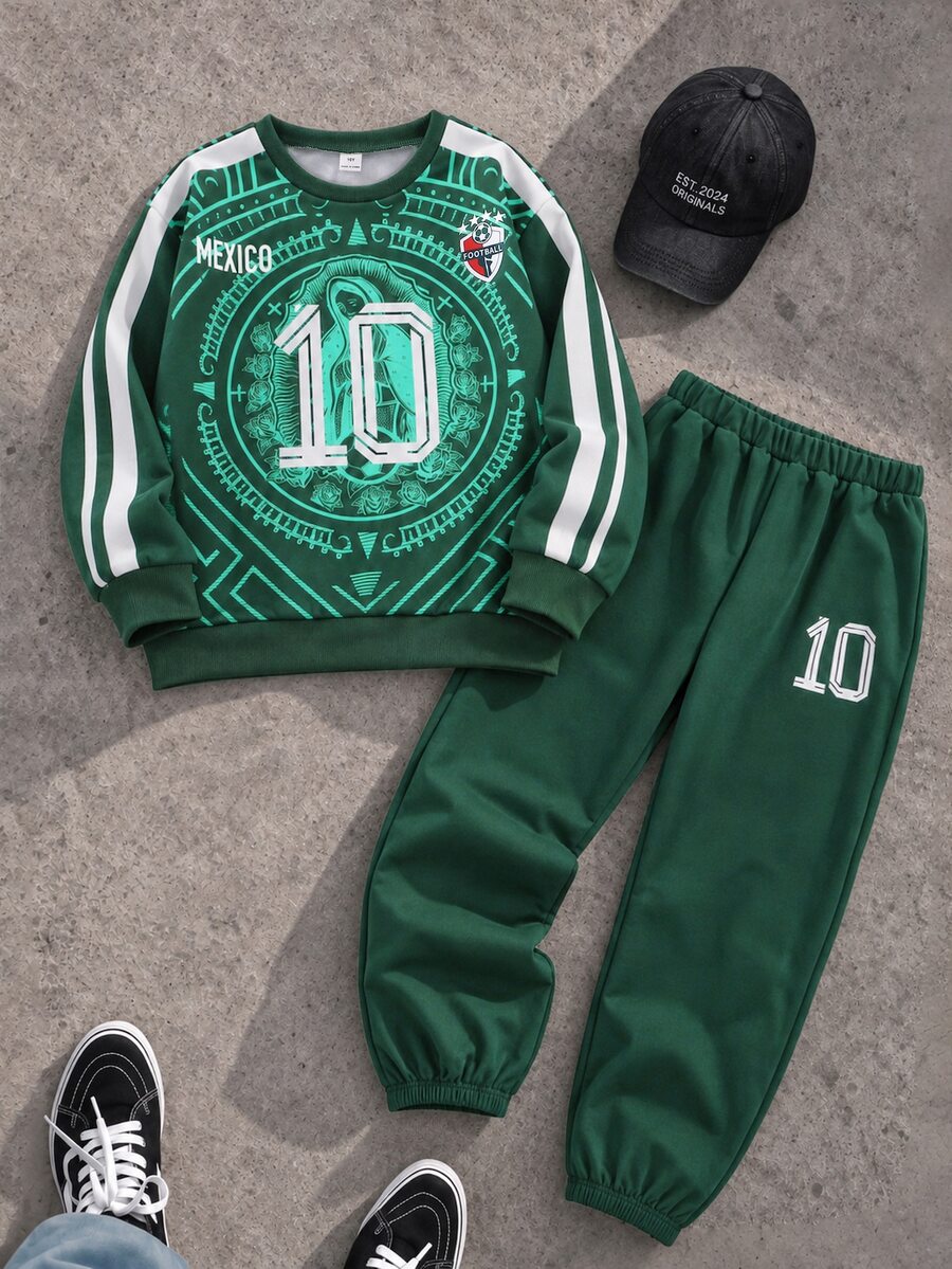 SHEIN Coolqubz 男童秋冬足球風運動休閒套裝,MEXICO 10號印花圓領上衣 + 慢跑長褲,2件式運動休閒穿搭 - 綠色 - 查看 1