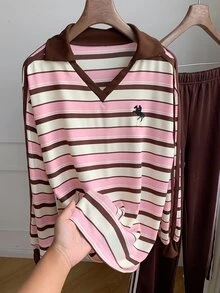 Comfortcana 女款秋冬保暖內裡拼色織帶飾邊刺繡寬鬆版型 Polo 領運動衫，休閒女式上衣 - 彩色 - 查看 8