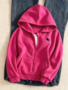 SHEIN Sparklyn 秋冬女童連帽拉鍊外套，街頭風混搭，防寒針織面料，微寬鬆版型適應成長，校園與街頭穿搭，瞬間變身活力女孩 - 玫紅色 - 查看 1