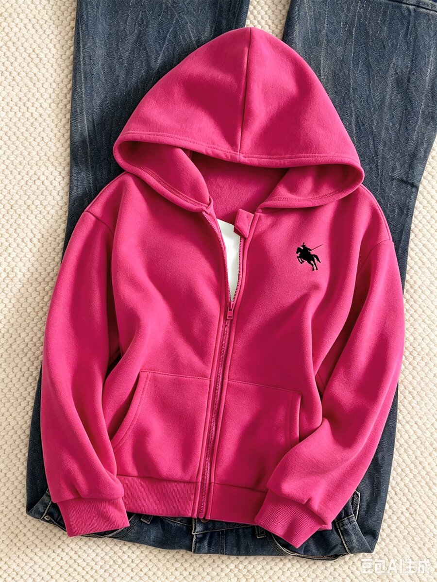 SHEIN Sparklyn 秋冬女童連帽拉鍊外套,街頭風混搭,防寒針織面料,微寬鬆版型適應成長,校園與街頭穿搭,瞬間變身活力女孩 - 玫紅色 - 查看 1