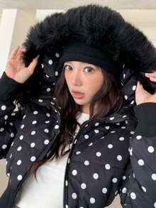 K-Vae Women's Hooded Polka Dot Padded Coat, Autumn/Winter - Black - View 8