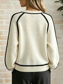 RosyDaze Women's Fashion Round Neck Dolman Sleeve Knit Sweater Top, Elegant Line Design Base Layer - Beige - View 2