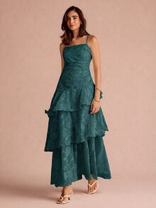 Enchnt Women's Spaghetti Strap Multi-Layer Ruffle Dress - Dark Green - View 3