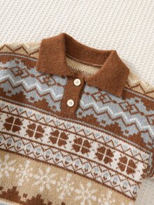 SHEIN Young Boy Collared Long Kids Sleeve Patterned Autumn Sweater - Multicolor - View 4