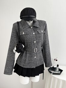 Elamini Jaket Pendek Wol Vintage Wanita Musim Gugur/Dingin - Hitam - View 6