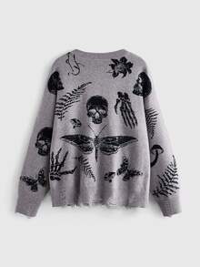 ROMWE Dark Gothic Skull Moth Plant Jacquard Loose Knit Cardigan - Dark Grey - View 2
