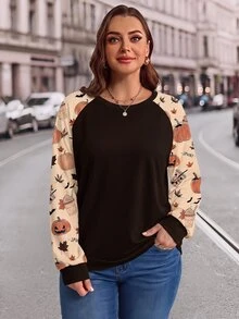 Mellowie 大尺碼女款萬聖節南瓜印花插肩袖運動衫，休閒秋冬款 - 彩色 - 查看 4