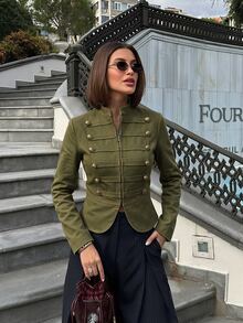 Lavishia 女款淺卡其色修身前拉鍊拿破崙/軍裝夾克，夏季穿搭，外出穿著，鄉村音樂演唱會服飾，夏季上衣 - 軍綠色 - 查看 4