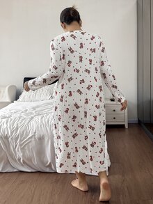 Napfluff CURVE Napfluff CURVE Cute Christmas Hat & Teddy Bear Print Skin-Friendly Fleece Ribbed Crew Neck Long Sleeve Plus Size Nightgown - White - View 2