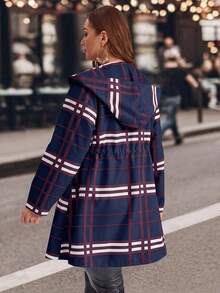 EMERY ROSE Plus Size Women Plaid Drawstring Waist Zip Up Casual Hooded Jacket,Winter Coat Women - Navy Blue - View 5
