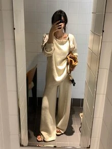 DAZY Women's Off-Shoulder Solid Color Casual Long Sleeve Korean Style Sweater 2 Pieces Set - Apricot - View 3