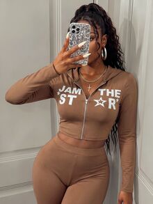 BamGleam Women's Letter Print Long Sleeve Autumn/Winter 2 Pieces Set - Brown - View 7