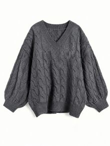 Rustia 大尺碼女款麻花編織V領落肩長袖休閒套頭毛衣 - 灰色 - 查看 1