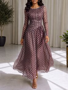 SHEIN Lady Women's Polka Dot Pattern Drawstring Waist Long Sleeve Elegant Dress - Multicolor - View 1