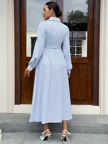 MaterniWear Maternity Floral Embroidered Striped Long Sleeve Elegant Shirt Dress - Blue - View 3